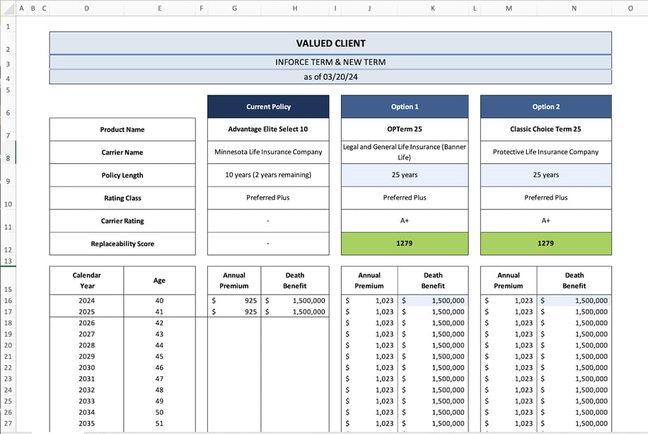 Excel comparison grid